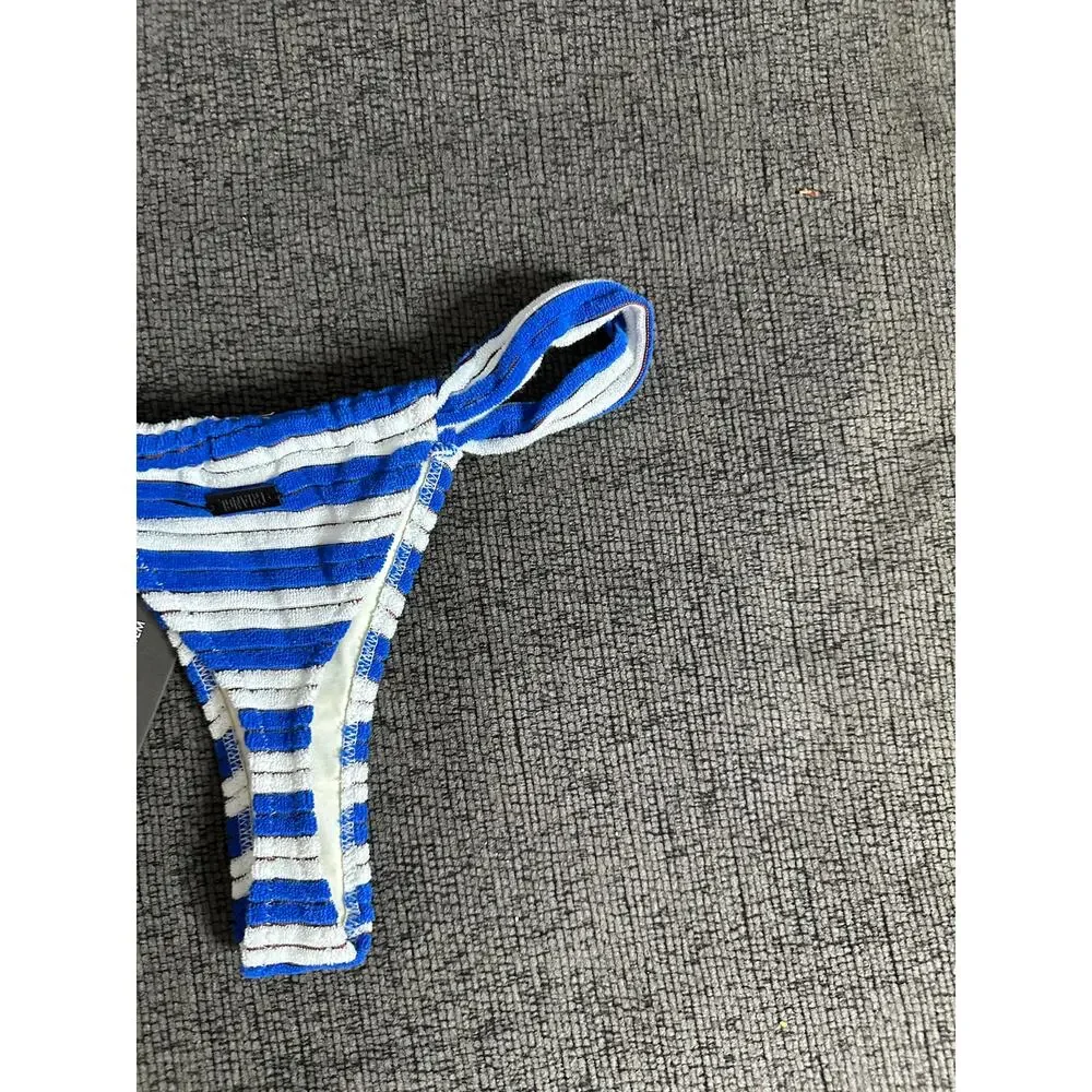 Triangl Terry Cloth Thong Bikini Bottom Blue White Stripe Swim Size S NWT